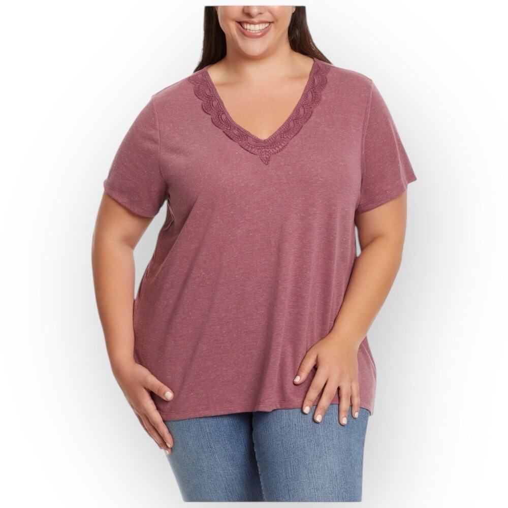 NWT Ella Moss Crushed Berry Lace V-Neck Linen Blend Tee Shirt Plus Size XXL - Picture 4 of 5